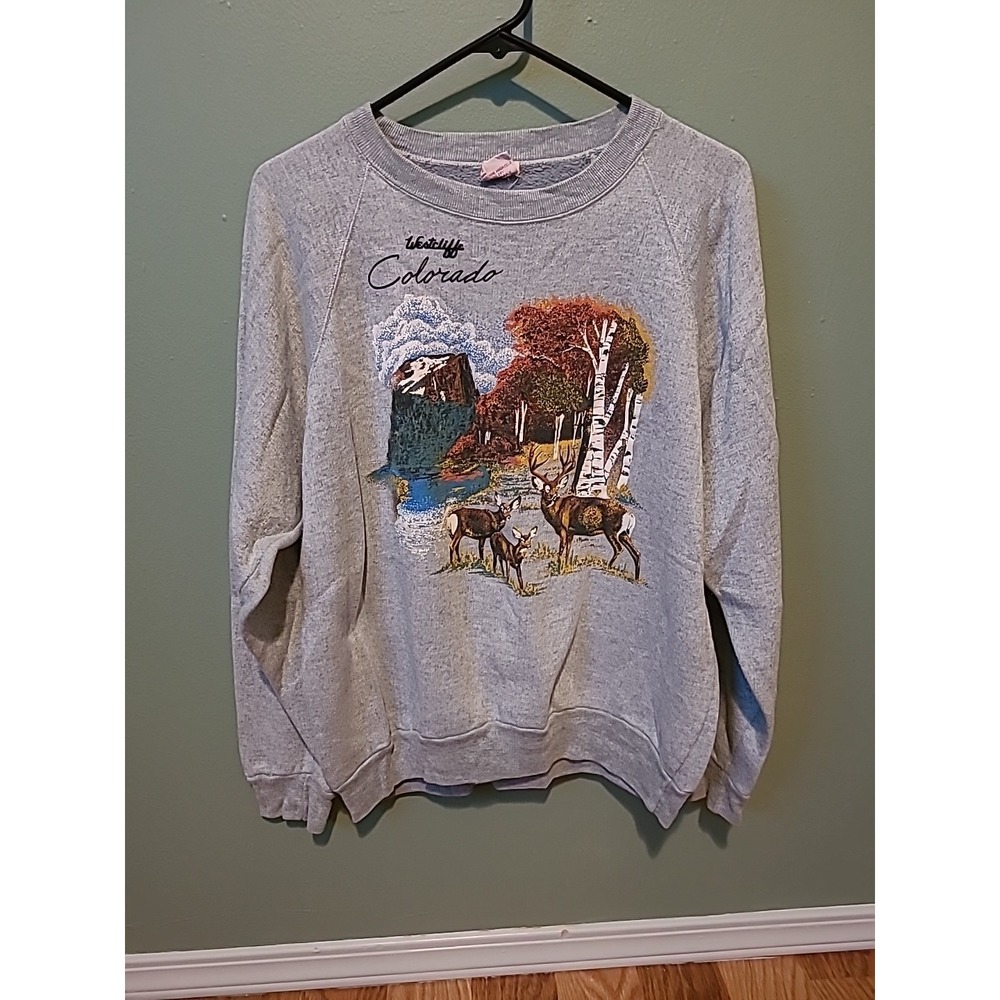 Vintage Colorado Deer And Mountains Painted‎ Crewneck Sweater Women's XL